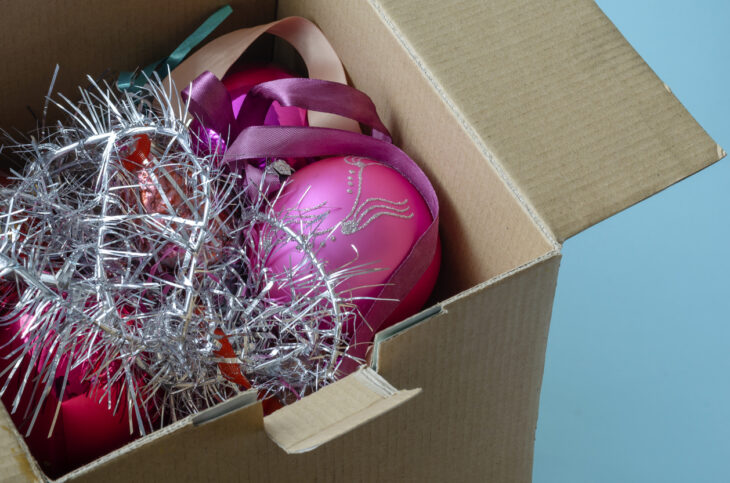 Christmas decorations in a box